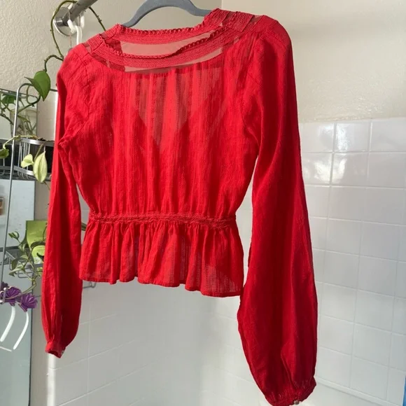 Sold Free People Cotton Lace Longe sleeve cover blouse Red Top - Picture 7 of 9